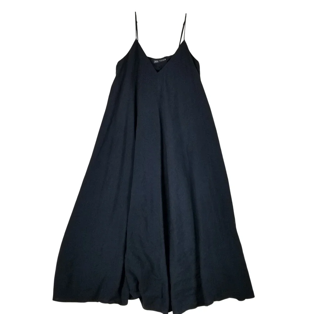 Zara Maxi Dress Women Medium Black V-Neck Spaghetti Strap Modal Blend A-Line